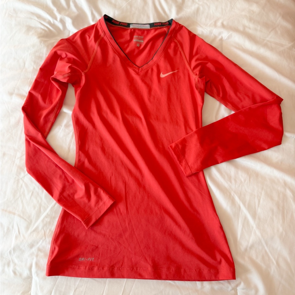 Nike Pro Light Red Long Sleeve V-Neck Top Size XS